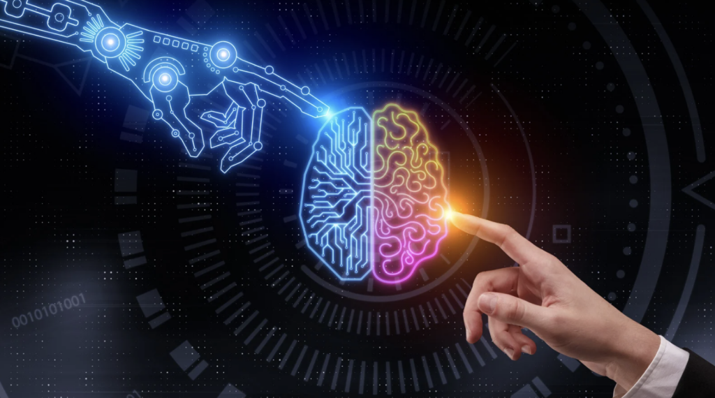 A brain split in half, with one half being robotic and the other human. Each side is touched by a robotic hand and a human hand respectively