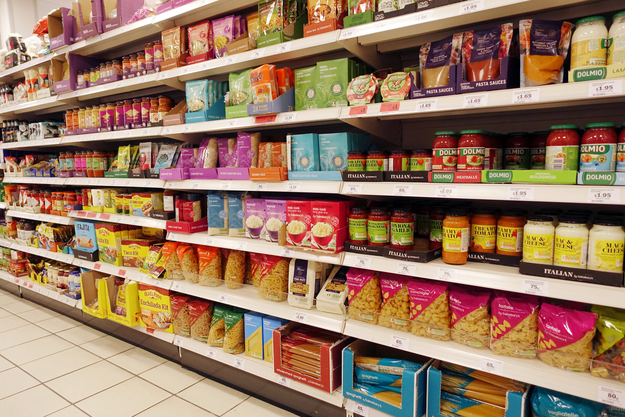 Supermarket stalls full of food